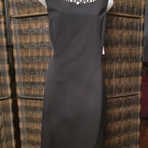 Calvin Klein Elegant Black Dress with Pearl Embellished Neckline